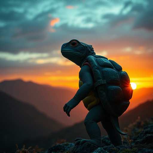 A majestic, hyper-realistic image of a turtle wearing a tactical vest stands on a rocky mountain slope. The turtle, with its textured green shell and red eyes, gazes towards a breathtaking sunset in the distance. The warm, golden light of the setting sun casts long shadows and creates a dramatic, ethereal atmosphere. The overall style is sharp, detailed, and evocative, emphasizing the serene beauty of the natural landscape.