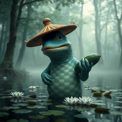 In this detailed and whimsical image, a blue creature stands serenely in a foggy pond, surrounded by lily pads and white flowers. The creature, which has a checkered pattern of light and dark blue on its belly, is adorned with a wide-brimmed, brown hat that resembles a traditional Asian rice paddy hat. Its large, expressive eyes and wide mouth give it a friendly, almost smiling appearance. The creature's right hand rests on its belly while its left hand holds a green vegetable, possibly a cucumber or zucchini. The background is filled with tall trees and a misty atmosphere, adding to the enchanting and serene ambiance of the scene.
