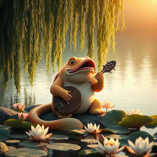 The image depicts a whimsical, AI-generated scene featuring a cartoonish frog with a long, curved tail. The frog, which has a white belly and an orange back, is sitting on a gray rock in the middle of a serene pond. It is playing a brown banjo with its right hand while its left hand holds the neck of the instrument. The frog's mouth is open, as if it is singing or croaking. Surrounding the frog are numerous lily pads adorned with white flowers, and the water reflects the sunlight, creating a shimmering effect. In the background, a weeping willow tree with long, green leaves hangs over the pond, adding to the tranquil atmosphere. The sky above is a gradient of orange and blue, suggesting either a sunrise or sunset. The overall scene is highly detailed and vibrant, with the frog as the central focus, giving the impression of a peaceful, sunny day in a picturesque natural setting.