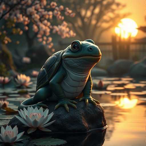 This detailed digital illustration depicts a serene pond scene at sunset. In the foreground, a large green frog with a white belly and a black shell sits on a dark gray rock. The frog, with its big eyes and long fingers, gazes towards the right side of the image. Surrounding the frog are white water lilies with pink centers, floating on the pond's surface. The water reflects the warm hues of the setting sun, which is positioned in the upper right corner of the image. The background features a blurred landscape with trees, including a cherry blossom tree on the left and a large tree on the right. A wooden fence with a gate is also visible, adding to the tranquil ambiance of the scene.