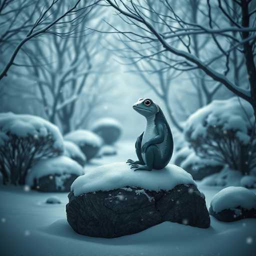 A serene winter scene captures a frog perched on a snow-covered rock in the foreground. The frog, with its white chest and belly, and a dark green back, sits calmly, gazing to the left. Its large, expressive eyes and long, slender fingers add a touch of whimsy to the image. The background is a wintry wonderland, with bare trees and bushes their branches laden with snow. The ground is blanketed in a thick layer of snow, creating a peaceful, almost magical atmosphere. The overall color palette is muted, dominated by shades of gray and white, enhancing the tranquil mood of this winter landscape.