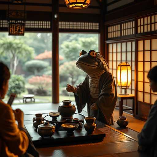 A serene, hyper-realistic scene unfolds in a traditional Japanese tea room. A large, anthropomorphic frog, dressed in a dark robe, meticulously pours tea into a delicate ceramic bowl for two guests seated at a low table. The frog's expression is calm and focused, highlighting the ritualistic nature of the tea ceremony. Soft light emanates from a paper lantern on a nearby table, casting warm shadows and emphasizing the tranquil atmosphere. The background reveals a glimpse of a lush garden with vibrant greenery, creating a sense of peacefulness and harmony. The overall style is detailed and immersive, capturing the quiet elegance of this traditional setting.