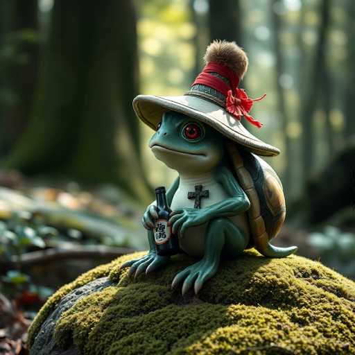 In this whimsical and detailed image, a charming green frog is depicted sitting on a moss-covered rock. The frog, with its distinctive black shell, has a white chest and a cross hanging around its neck. Its large, expressive red eyes and long, claw-like toes add to its endearing appearance. The frog is adorned with a wide-brimmed hat, reminiscent of a sun hat, which features a red band and a fluffy pom-pom on top. In its right hand, the frog holds a bottle with a white label and black text, possibly in an Asian script, suggesting it might be a beer. The background is artistically blurred, drawing focus to the frog while hinting at a lush forest setting with trees and greenery. The overall scene is both enchanting and playful, capturing a moment of serene contemplation as the frog gazes off into the distance.