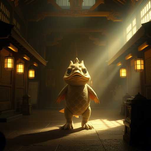 The image depicts a dimly lit, indoor scene that appears to be set in a traditional Japanese or Chinese building. The room is adorned with wooden walls and floors, and features several lanterns hanging from the ceiling, casting a warm, yellow glow. On the right side of the image, there are windows allowing additional light to filter in. The focal point of the image is a peculiar, cartoonish creature standing in the center. This creature has a large, round body with a yellowish-brown hue, covered in a diamond-shaped pattern. It has a wide, flat face with a beak-like mouth, large black eyes, and two small horns on its head. The creature also has short, stubby arms and legs, each ending in three fingers and toes, respectively. Additionally, it has a small tail and a fin-like structure on its back. The overall atmosphere of the image is mysterious and slightly eerie, with the creature's unusual appearance adding to the unsettling ambiance.