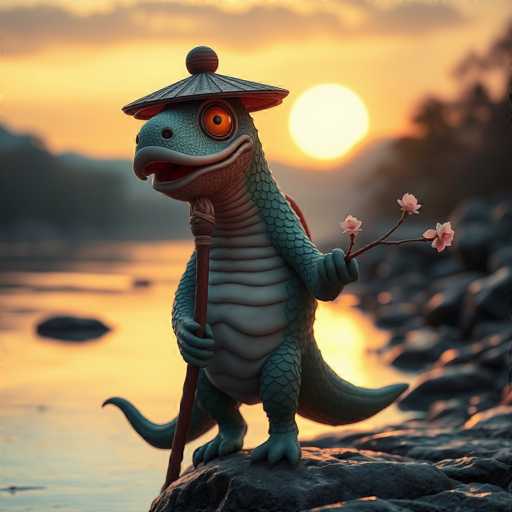 A whimsical, computer-generated image features a green dinosaur standing upright on a rocky outcrop beside a serene lake. The dinosaur, with its large, expressive orange eyes and open mouth, exudes a playful charm. It wears a distinctive hat resembling a traditional Asian rice paddy hat, complete with a round ball on top. In its right hand, the dinosaur holds a wooden staff, while its left hand cradles a delicate branch adorned with three pink cherry blossoms. The background showcases a tranquil lake, with the setting sun casting a warm, golden glow across the scene. The sky is painted in hues of orange, with scattered clouds adding depth to the picturesque landscape.