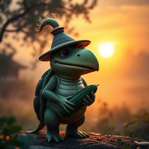 In this whimsical, AI-generated image, a turtle stands on a rocky surface, holding a cucumber in its right hand. The turtle is adorned with a pointed hat featuring a feather that curls at the end, adding a touch of charm to its appearance. The background is a vibrant sunset, with the sun positioned in the upper right corner, casting a warm glow over the scene. The sky is painted in rich hues of orange and yellow, with a few trees silhouetted against the colorful backdrop. The turtle's shell is a dark green, contrasting with its lighter green body. Its eyes are large and expressive, with the pupils being a striking red color, giving the turtle a lively and engaging expression. The overall composition creates a surreal and enchanting atmosphere, blending natural elements with fantastical details.