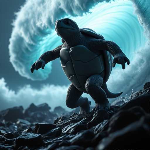 A highly detailed, computer-generated image depicts a dark gray turtle standing on a rocky surface. The turtle, with its head slightly tilted upwards, gazes towards the sky. Its shell is a lighter gray, and its front legs are extended outward, while its back legs are positioned behind it. The turtle's tail is visible, and its claws are spread out, with the front claws appearing slightly larger than the back ones. The rocky ground beneath the turtle is dark gray and shiny, with a few water droplets splashing up from the bottom right corner. In the background, a dark gray sky is filled with swirling clouds, and a large, circular wave of water is visible, adding a dynamic element to the scene.