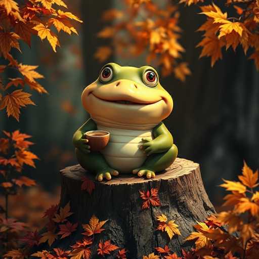 A green frog is sitting on a tree stump surrounded by autumn leaves. The frog has its eyes closed and appears to be enjoying the warmth of the cup of coffee it's holding in its left hand.