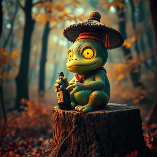 A green frog is sitting on a tree stump in an autumn forest. The frog has a brown body and a red scarf around its neck. It holds a bottle of beer in one hand and a small plant in the other.