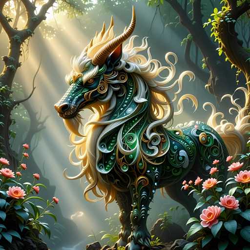 The image depicts a fantastical creature that appears to be a hybrid between a dragon and a horse, standing majestically in a lush forest. The creature's body is predominantly green, adorned with intricate swirls and patterns in shades of green, blue, and gold. It has a striking white mane and a beard, along with two prominent horns on its head. The creature's eyes are a vivid orange, and it has a long, horse-like nose. Surrounding the creature are vibrant pink flowers and green leaves, with sunlight filtering through the trees, creating a serene and enchanting atmosphere. The overall scene is rich in detail and color, evoking a sense of wonder and magic.