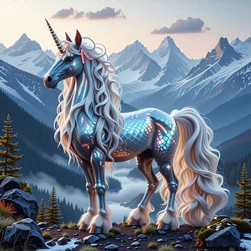 This image depicts a highly detailed, computer-generated scene of a majestic unicorn standing in a rugged, rocky terrain. The unicorn's body is adorned with shimmering scales that reflect a spectrum of colors, including blue, pink, and orange, giving it a metallic, almost otherworldly appearance. Its mane and tail are long, wavy, and white, cascading down its neck and back. The unicorn's face is a striking blue, with a prominent horn that is white with black stripes. Its hooves are white, contrasting with its metallic legs. The background features a serene, snow-covered mountain range with a few clouds dotting the sky, and a dense forest of tall, green trees. The ground beneath the unicorn is rocky and covered with patches of snow, adding to the enchanting and mystical atmosphere of the scene.