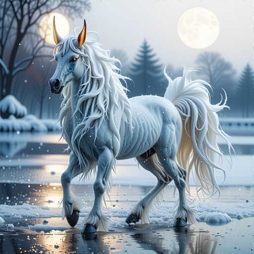 This detailed digital artwork depicts a majestic white unicorn with striking gold horns and golden eyes, standing on a frozen pond. The unicorn's long, flowing mane and tail, along with its muscular build, are accentuated by the intricate rendering of its scales. The creature's black hooves contrast sharply with its pristine white coat. Snowflakes gently fall around the unicorn, adding to the serene winter atmosphere. The background features a mix of snow-covered ground and distant trees, with a prominent full moon casting a soft glow over the scene. The moonlight reflects off the ice, enhancing the magical and tranquil mood of the image.