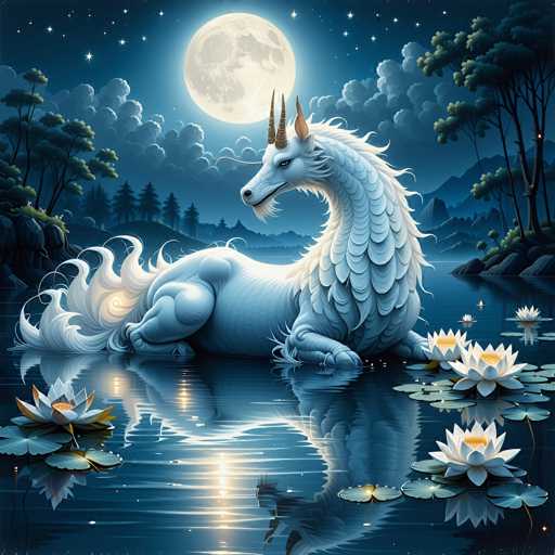 The image depicts a serene nighttime scene featuring a majestic white dragon with golden horns and a flowing mane, gracefully resting in a tranquil pond. The dragon's body is adorned with scales, and its long, white tail extends behind it. Surrounding the dragon are large, lotus-like flowers with yellow centers, floating serenely on the water's surface. The moon, a prominent feature in the image, casts a soft glow over the scene, illuminating the dragon's reflection in the pond. The sky is a deep blue, dotted with stars, and the background reveals a dense forest of tall trees and distant mountains, adding to the mystical atmosphere. The overall color palette is dominated by shades of blue, white, and gold, creating a harmonious and enchanting visual experience.