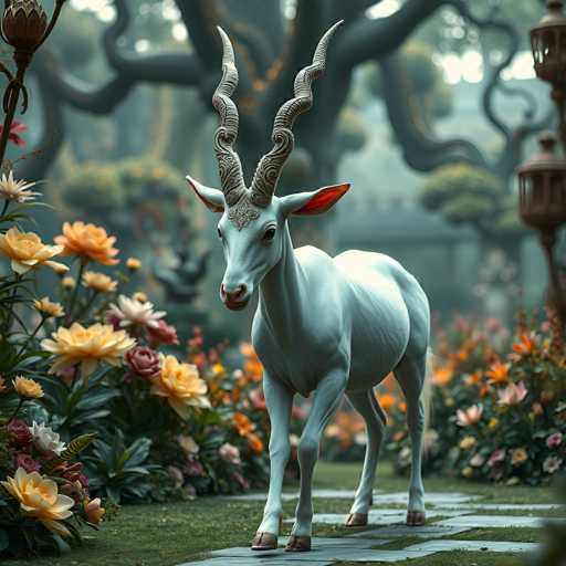 A majestic white antelope with intricately curled, golden-brown antlers stands gracefully on a stone path amidst a vibrant garden. The antelope's coat is pure white, and its eyes are dark and alert. Lush flowers in shades of orange, yellow, and pink surround the antelope, creating a colorful and fantastical setting. The background is softly blurred, suggesting a dreamy, ethereal atmosphere.