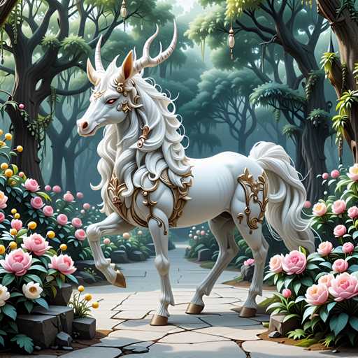 The image depicts a white unicorn with long hair and horns standing on a stone path surrounded by pink flowers and trees. The unicorn is facing the camera directly, giving a clear view of its majestic appearance.