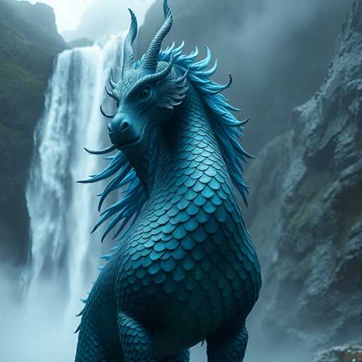 A blue dragon statue stands majestically on a rocky cliff overlooking a waterfall. The dragon's body is adorned with scales that shimmer under the sunlight, and its head is crowned with horns that reach towards the sky. The waterfall cascades down in a curtain of water, creating a misty backdrop for the scene.