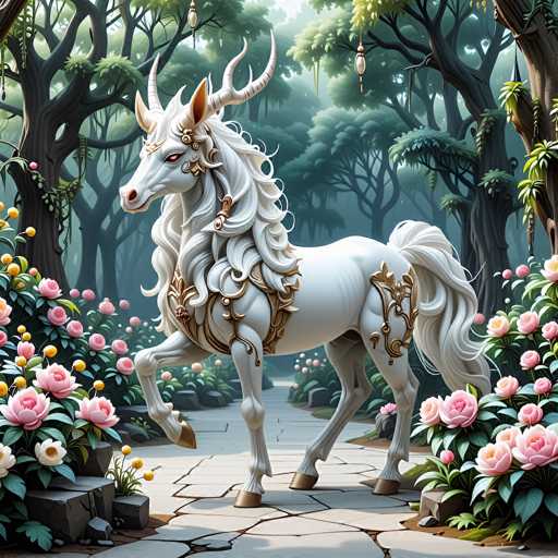 The image depicts a highly detailed, computer-generated scene of a majestic white unicorn standing on a cracked stone pathway in a lush forest. The unicorn, adorned with intricate gold embellishments, features a flowing mane and a long, flowing tail. Its eyes are a striking red, and it has two prominent white horns with black stripes. The gold accents include a collar around its neck, a chest plate, and decorative elements on its legs. Surrounding the unicorn are vibrant pink flowers with yellow centers, interspersed with other colorful blooms. The background reveals a dense forest with tall trees, some of which have branches adorned with hanging ornaments. The overall atmosphere is one of enchantment and fantasy, with the unicorn appearing to gaze off into the distance, adding to the mystical ambiance of the scene.