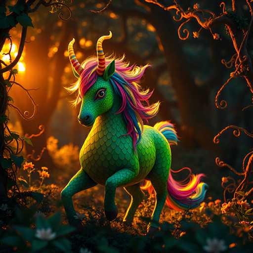 This image depicts a vibrant, computer-generated scene of a fantastical creature that combines elements of a unicorn, horse, and dragon. The creature stands in a lush, dark forest, surrounded by greenery and illuminated by a distant light source, possibly a fire or lantern, casting an orange glow. The creature itself is predominantly green with a scaly texture, reminiscent of a dragon. It has a striking mane and tail that are a mix of pink, blue, yellow, and purple, flowing as if caught in a gentle breeze. Its two horns are striped in red, yellow, and blue, with the left horn being slightly taller than the right. The creature's face features a black nose, a yellow eye with a black pupil, and green ears. It stands on four legs, with its front legs slightly bent, giving it a poised stance. The background is filled with trees and vines, adding to the enchanting, mystical atmosphere of the scene.