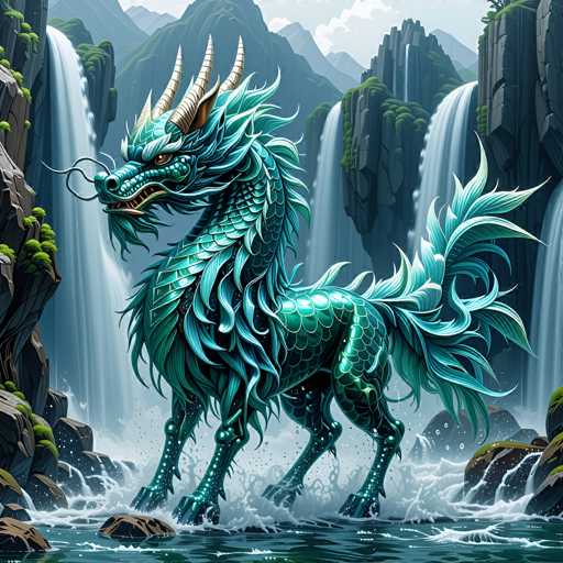 The image depicts a majestic, mythical creature resembling a dragon, standing in a tranquil body of water. The dragon, primarily green with shades of blue, features intricate scales and a flowing mane and tail that blend seamlessly into its body. Its head, adorned with three prominent horns, is turned to the left, showcasing a fierce expression with bared teeth and a long, forked tongue. The creature's eyes are a striking yellow, adding to its imposing presence. Surrounding the dragon are numerous waterfalls cascading down rocky cliffs, creating a serene yet powerful backdrop. The water beneath the dragon is a deep blue, with visible ripples and splashes, enhancing the dynamic feel of the scene. The overall composition is a harmonious blend of natural elements and mythical grandeur, capturing the essence of a fantastical world.
