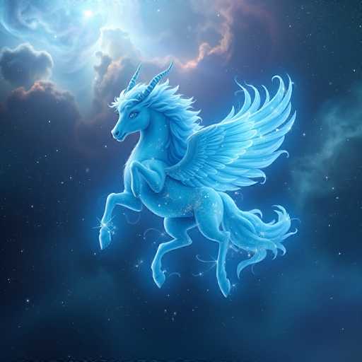 A majestic, ethereal blue unicorn with a spiraling horn and feathered wings is gracefully soaring through a dark, starry sky. The unicorn's body is glowing with a soft, radiant blue light, and its mane and tail are flowing in the wind. The background is a blend of deep blues and purples, with wispy clouds and twinkling stars creating a magical atmosphere. The unicorn's wings are spread wide, catching the light as it floats among the celestial bodies.