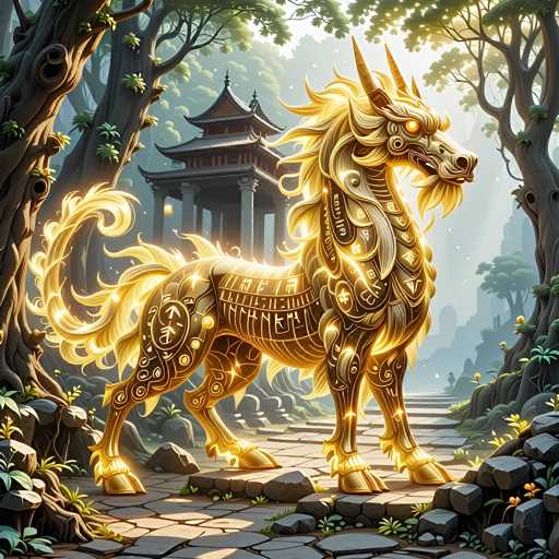 A majestic golden unicorn stands in a mystical, sun-drenched forest clearing. The unicorn is adorned with intricate golden patterns and glowing runes, its mane and tail flowing like liquid gold. The background features a traditional Asian-style temple with red and dark brown architecture, partially obscured by lush green trees. The scene is bathed in a soft, ethereal light, with glowing orbs floating around the unicorn and casting a warm glow on the surrounding environment. The ground is paved with stone, and vibrant green plants grow in the shadows. The overall atmosphere is one of magic, serenity, and ancient wonder.