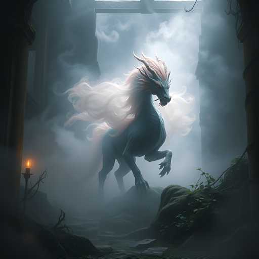 A majestic, ethereal blue dragon with flowing, iridescent white and pink hair stands in a misty, ancient ruin. The scene is bathed in soft light from a flickering candle on the left, with the dragon's form partially obscured by the fog. The art style is a blend of fantasy illustration and digital painting, emphasizing atmospheric depth and a sense of mystery.