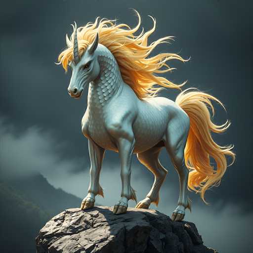 The image depicts a white unicorn standing on a rock against a dark sky with clouds. The unicorn has long blonde hair flowing down its back and is facing the camera directly.