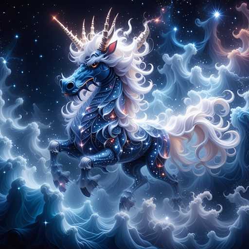 This image is a detailed, computer-generated illustration of a majestic unicorn set against a dark, starry night sky. The unicorn, predominantly blue with a shimmering, metallic sheen, is adorned with numerous stars and glimmering lights that give it a magical appearance. Its mane and tail are a striking white, with the mane flowing down its neck and the tail extending behind it. The unicorn's body is covered in intricate scales, adding to its mythical allure. It has four horns: two large ones on the sides of its head and two smaller ones on top. Its eyes are a vivid orange, and it has a black nose. The unicorn is depicted in mid-motion, as if running or floating through the air, with its front legs raised and its back legs firmly planted. Surrounding the unicorn are wisps of clouds and ethereal smoke, enhancing the dreamlike quality of the scene. The background is a deep blue, dotted with stars, creating a celestial atmosphere that complements the unicorn's magical presence.