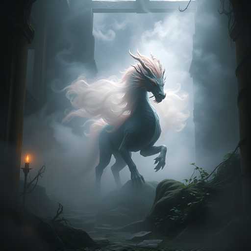 A majestic white dragon with red and black scales is captured mid-stride on a rocky path through a foggy forest. The dragon's tail is flowing behind it as it moves towards the right side of the image. In the background, there are stone pillars that add to the eerie atmosphere of the scene.