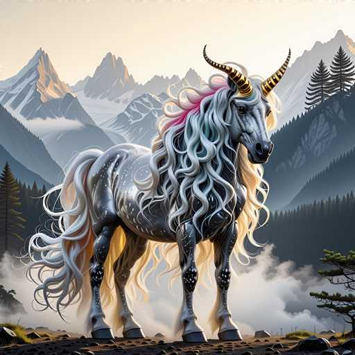A majestic, silver unicorn with a flowing mane and tail of white, pink, and gold stands in a mystical mountain landscape. The unicorn is the central focus, positioned in the foreground with a slightly low angle, emphasizing its grandeur. The background features towering, snow-capped mountains partially obscured by soft clouds and a hazy sky with warm, golden light. The art style is digital painting, exhibiting a blend of fantasy and realism with a focus on soft lighting and detailed textures.