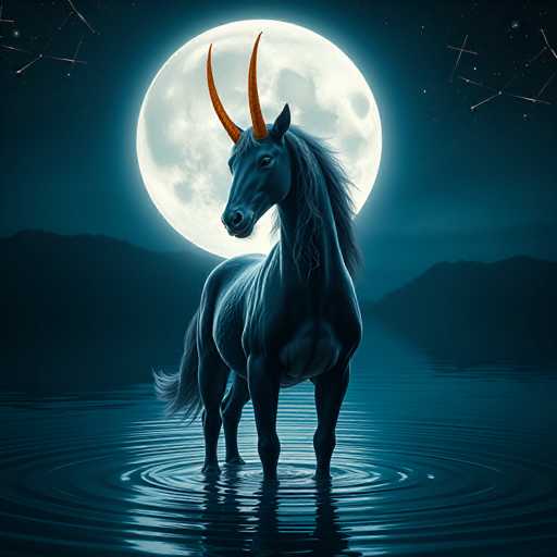 A majestic black unicorn stands in a tranquil, shimmering pool of water under the light of a full moon. The unicorn has long, flowing black hair and a flowing tail, with two prominent, spiraling orange horns. The water's surface reflects the full moon and the unicorn's form, creating a sense of depth and serenity. The background features dark, silhouetted mountains under a starry night sky.