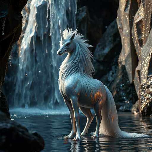 A majestic, ethereal unicorn stands in a serene, icy waterfall setting. The main subject is the silver-white unicorn with a flowing mane and tail, standing in shallow water. The background features a cascading waterfall of ice and rock formations, with soft light reflecting on the water's surface. The art style is fantasy-inspired, emphasizing a dreamlike and magical atmosphere with a focus on texture and light.