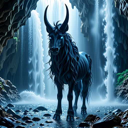 The image depicts a fantastical creature resembling a minotaur, characterized by its long, flowing mane and strikingly bright blue eyes. The creature stands in a shallow, rocky pool of water, surrounded by a cavernous landscape. Its body is adorned with intricate white markings, and it boasts two prominent horns protruding from its head. The scene is illuminated by cascading waterfalls that flow from the top of the image, creating a serene yet mystical atmosphere. The overall color palette is dominated by shades of blue, enhancing the ethereal quality of the setting.