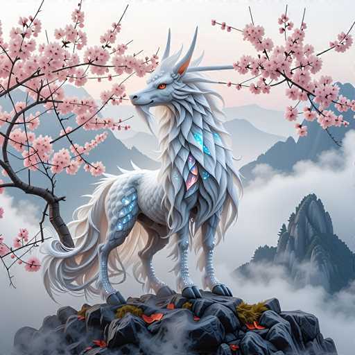 The image depicts a fantastical creature that appears to be a blend of a dragon and a horse, standing majestically on a rocky outcrop. The creature's body is predominantly white with intricate blue and purple patterns adorning its neck and legs. Its head features striking red eyes and a long, flowing mane that cascades down its neck. The creature's ears are pointed and adorned with orange and white stripes, adding to its mythical appearance. Surrounding the creature, cherry blossom trees with pink flowers bloom on either side, while the background reveals a misty mountain range with dark gray peaks and a light gray sky. The scene is further enhanced by the presence of red leaves scattered on the rocks and patches of green moss, creating a serene and enchanting atmosphere.
