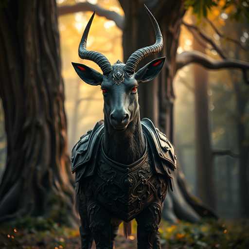 A black goat statue with horns and a red eye stands on its hind legs in the center of a forest clearing. The goat is wearing a black leather armor suit that includes a helmet and a breastplate decorated with intricate designs.