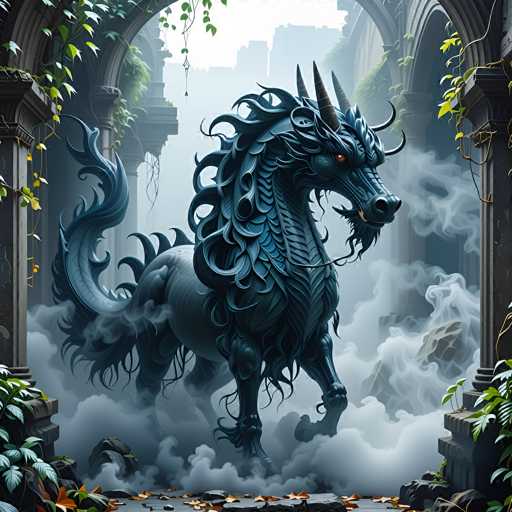 A majestic, dark blue dragon-like creature with glowing red eyes stands amidst a misty, ancient setting. The creature is intricately detailed, with swirling scales and sharp horns, emerging from a stone archway overgrown with lush green vines. The scene is atmospheric, with soft smoke swirling around the creature and a distant cityscape visible in the background. The art style is fantastical, with a focus on dramatic lighting and intricate textures.