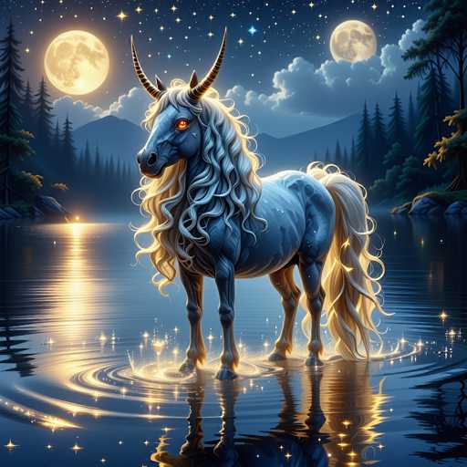 The image depicts a mystical, computer-generated scene featuring a striking unicorn standing in the middle of a dark, reflective lake. The unicorn, with its light blue body and long, flowing white mane and tail, has piercing red eyes and two prominent horns. Its legs are adorned with white sparkles, and the water around its hooves shimmers with golden light, creating ripples and reflections. The night sky above is a deep blue, dotted with numerous stars and two full moons—one on the left and one on the right—partially obscured by clouds. The background is framed by tall pine trees on both sides, with mountains visible in the distance. The overall atmosphere is serene yet enchanting, with the unicorn's presence adding a touch of magic to the tranquil night scene.