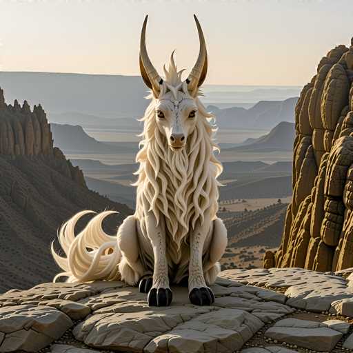A majestic creature, reminiscent of a dog, sits regally on a rocky outcrop in a rugged mountainous landscape. Its fur is a pristine white, contrasting beautifully with its striking black hooves. The creature's face is adorned with two prominent horns, and its long, flowing mane cascades down its body, adding to its ethereal appearance. Its eyes are a mesmerizing brown, and its nose is a delicate blend of white and brown. The creature's tail is equally impressive, thick and bushy, with wavy strands of fur that curl gracefully at the ends. The surrounding terrain is a mix of brown and gray rocks, with a particularly jagged formation to the right. In the background, a series of gray mountains stretch into the distance, their peaks shrouded in a misty fog, creating a serene and mystical atmosphere.