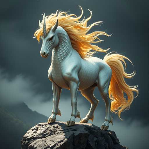 The image depicts a highly detailed, computer-generated unicorn standing majestically on a large, dark gray rock. The unicorn's body is primarily white with a bluish tint, adorned with intricate scales that extend from its neck down to its belly. Its mane and tail are a striking golden yellow, flowing dramatically in the wind. The unicorn's horn is also golden yellow, and its eyes are a vivid yellow with black pupils. The creature's face features a slight smile, adding a touch of whimsy to its powerful stance. The background is a dark, cloudy sky with hints of greenery and trees visible in the distance, enhancing the mystical and enchanting atmosphere of the scene.