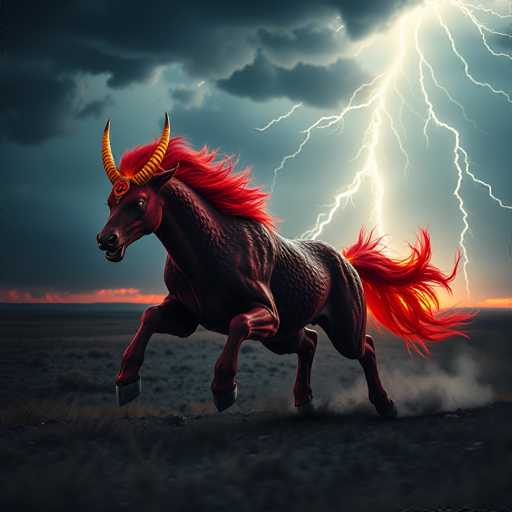 The image depicts a fantastical, dark red horse with a strikingly muscular build, running through a barren, flat field. The horse's body is covered in scales, giving it a mythical appearance, and it has a vibrant red mane and tail that flow dramatically behind it. Its face is adorned with two large, yellow and red striped horns, and it wears a golden headband featuring a red circle with a black symbol. The horse's hooves are white, and it appears to be kicking up dust as it gallops. The background showcases a stormy sky filled with dark, gray clouds, with a vivid lightning bolt striking behind the horse. The horizon glows with an orange hue, suggesting either a sunrise or sunset, adding to the dramatic and intense atmosphere of the scene.