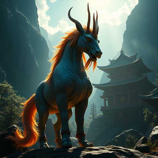 The image depicts a fantastical creature that appears to be a hybrid of a horse and a dragon, standing majestically in a mountainous landscape. The creature's body is predominantly gray, with a striking orange mane and tail that flow down its back and legs. It has four horns protruding from its head, adding to its mythical appearance. The creature's eyes are a vivid orange, and its mouth is open, revealing sharp teeth. Its hooves are adorned with orange rings, and its legs are muscular and strong. The creature stands on a rocky surface, surrounded by towering mountains. In the background, there is a traditional Japanese-style building with curved roofs, situated on a hill. The sky above is a light blue, dotted with white clouds, and sunlight illuminates the scene, casting a warm glow on the creature and the landscape.