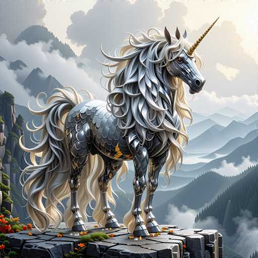 This detailed digital artwork features a majestic unicorn standing on a rocky outcrop amidst a misty mountainous landscape. The unicorn, rendered in shades of gray and silver, boasts a striking gold horn and a mane that transitions from white to gray. Its body is adorned with intricate scales, and it has piercing red eyes that add a touch of mystique. The creature's hooves are silver, and its tail is a blend of white and gray. Surrounding the unicorn, the background reveals a series of gray mountains partially obscured by clouds, with a hint of orange flowers in the bottom left corner. The overall scene exudes a serene yet enchanting atmosphere, with the unicorn appearing to gaze thoughtfully into the distance.