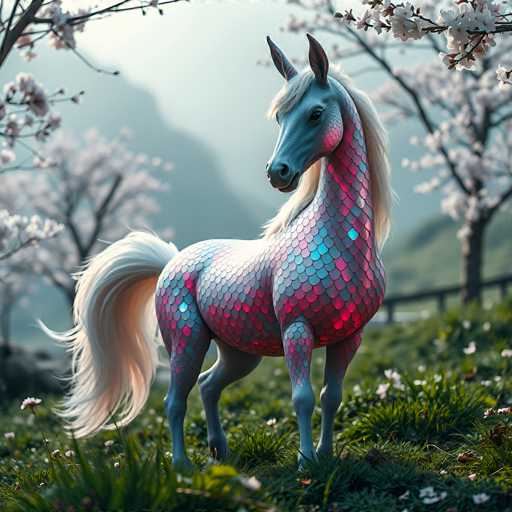 The image depicts a fantastical, computer-generated scene featuring a striking blue horse with a metallic sheen. The horse's body is adorned with shimmering scales that reflect a spectrum of colors, including pink, blue, and purple, giving it an otherworldly appearance. Its mane and tail are a pristine white, contrasting beautifully with its blue skin. The horse stands in a lush, grassy field dotted with small white flowers, adding a touch of natural beauty to the surreal setting. In the background, cherry blossom trees with delicate white blossoms frame the scene, while a distant mountain range provides a majestic backdrop. The sky above is a soft, light blue, completing this enchanting and dreamlike tableau.
