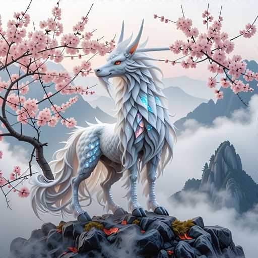 A majestic white unicorn with a long, flowing mane and tail stands gracefully on a rocky outcrop amidst a blooming cherry blossom tree. The unicorn's coat is adorned with intricate, glowing blue patterns that resemble crystals or gemstones. Its horn is long and spiraled, emitting a soft, ethereal glow. The background features a misty mountain landscape with distant peaks partially obscured by clouds and a soft, pastel-colored sky. The cherry blossom branches are delicate and pink, adding to the serene and magical atmosphere of the scene.
