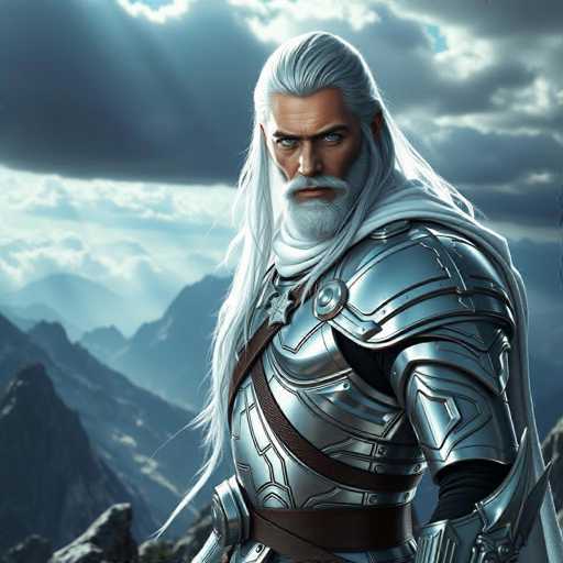 A detailed, high-quality digital painting of a powerful, long-haired warrior in gleaming silver armor. The warrior has a stern expression, piercing blue eyes, and a long white beard and flowing white hair. The armor is intricately detailed with sharp, angular designs and appears to be made of polished metal. He wears a white scarf or cloak draped around his shoulders, and a dark brown belt cinches his waist. The background is a dramatic mountain landscape with towering peaks, swirling clouds, and hints of sunlight breaking through. The overall lighting is dramatic, highlighting the warrior's features and armor while creating a sense of epic scale. The style is reminiscent of fantasy art, with a focus on realism and detail.