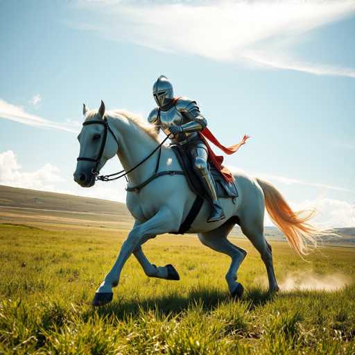 A knight dressed in full armor is riding a white horse with a red blanket on its back through a lush green field under a clear blue sky.