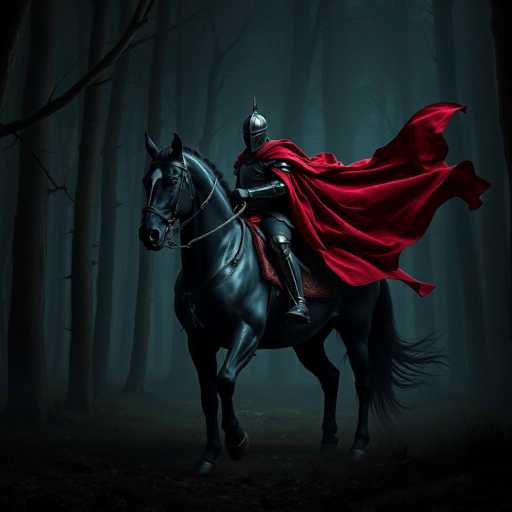 In this captivating image, a knight clad in gleaming silver armor rides a majestic black horse through a dense, shadowy forest. The knight's helmet, adorned with a prominent spike on top, features a narrow slit for the eyes, giving an air of mystery and medieval prowess. Draped around the knight's shoulders and billowing dramatically in the wind is a vibrant red cape, adding a striking contrast to the somber scene. The horse, equally imposing, is equipped with a red saddle that complements the knight's cape. The forest around them is thick with tall, leafless trees, their dark trunks stretching upwards into the gloom. The ground beneath them is a mix of dirt and scattered leaves, with patches of grass barely visible through the dim light. The overall atmosphere is one of quiet tension and ancient grandeur, as the knight and horse move purposefully through the eerie woodland.