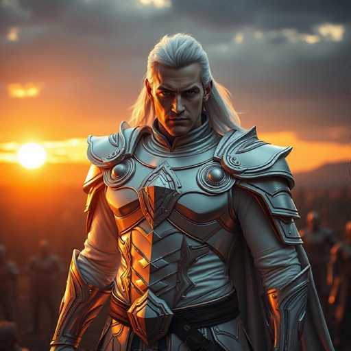 The image depicts a striking scene of a warrior standing in front of a setting sun, casting a warm glow over the landscape. The warrior, who appears to be a character from a video game or a fantasy setting, has long white hair and is dressed in elaborate silver armor. His face is marked by a stern expression, with furrowed brows and a set mouth, giving him a serious demeanor. The armor is intricately designed, featuring a breastplate with a central shield and shoulder plates that extend down to his elbows. A black belt cinches his waist, and a cape flows behind him, adding to his majestic appearance. The background is slightly blurred, revealing the silhouettes of other figures, possibly soldiers, standing in the distance. The sky is a mix of gray clouds and the vibrant orange hues of the setting sun, creating a dramatic and intense atmosphere.