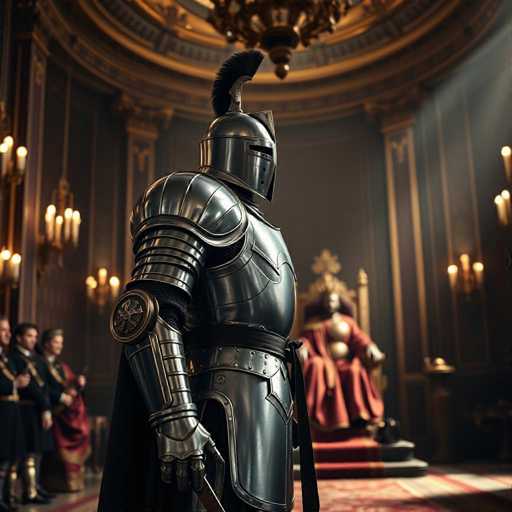 A knight in gleaming silver armor stands in a grand, dimly lit hall. The knight is the central focus, facing away from the viewer but with a detailed helmet and ornate armor. Behind him, a regal figure sits on a throne draped in red velvet, partially visible. The background features other figures in formal attire and ornate chandeliers, creating a sense of historical grandeur. The art style is highly detailed and realistic, reminiscent of a digital painting with a focus on texture and light.
