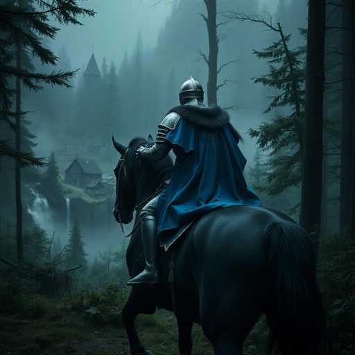 A lone knight on horseback rides through a misty, dark forest. The knight is clad in shining armor and wears a long blue cloak with a fur collar, his helmet obscuring his face. The horse is black and powerful, its form silhouetted against the dim light of the forest. In the background, a small village nestled beside a waterfall shrouded in mist is visible, adding to the atmospheric depth of the scene. The overall mood is one of mystery and solitude, with a touch of fantasy.